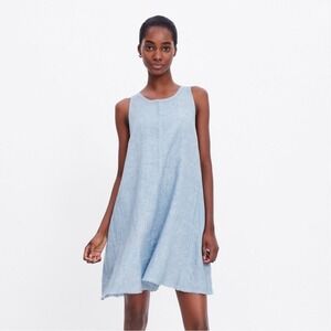 ZARA Size XS Dress Mini A-line 100% Linen The‎ Vela Sleeveless Washed Blue